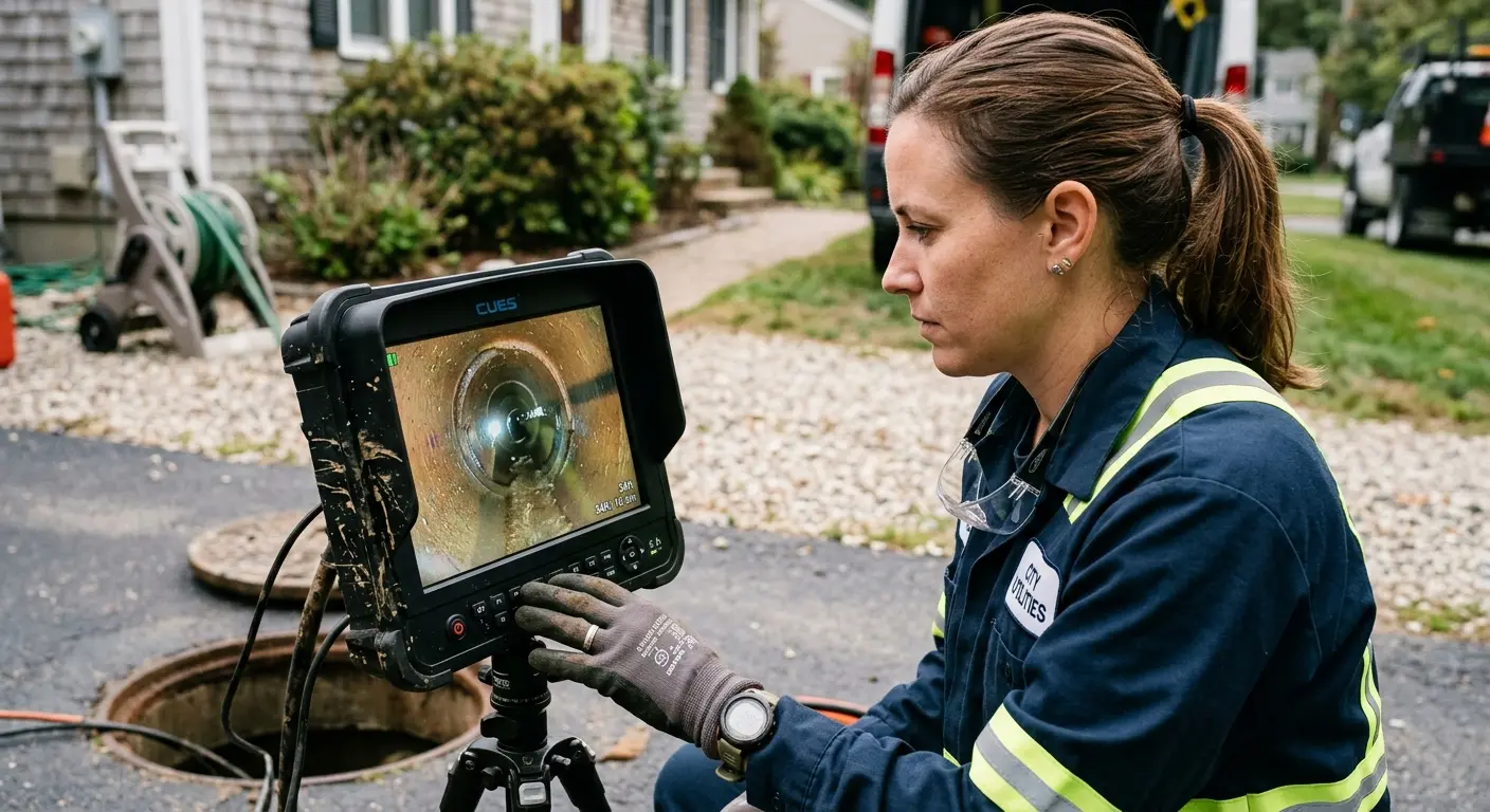 Technician reviewing sewer camera inspection footage in Ashtabula