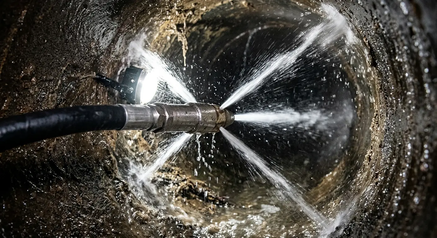 High-pressure hydro jetting nozzle cleaning sewer pipe for Sewer Cleanout in Ashtabula