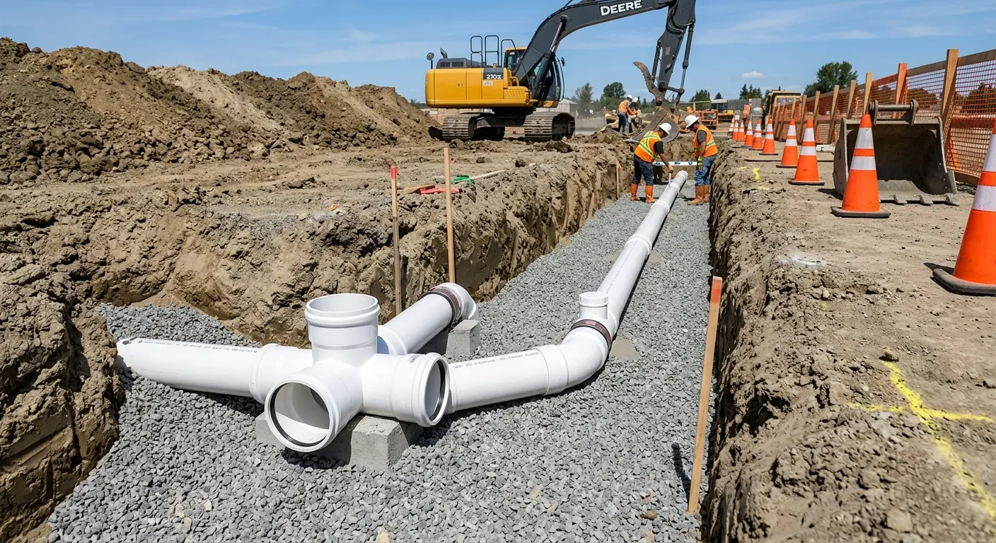 New PVC sewer pipe installation in open trench for Commercial Drain Cleaning in Ashtabula