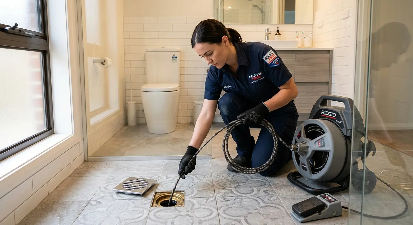 Technician clearing a bathroom floor drain for Drain Repair in Ashtabula